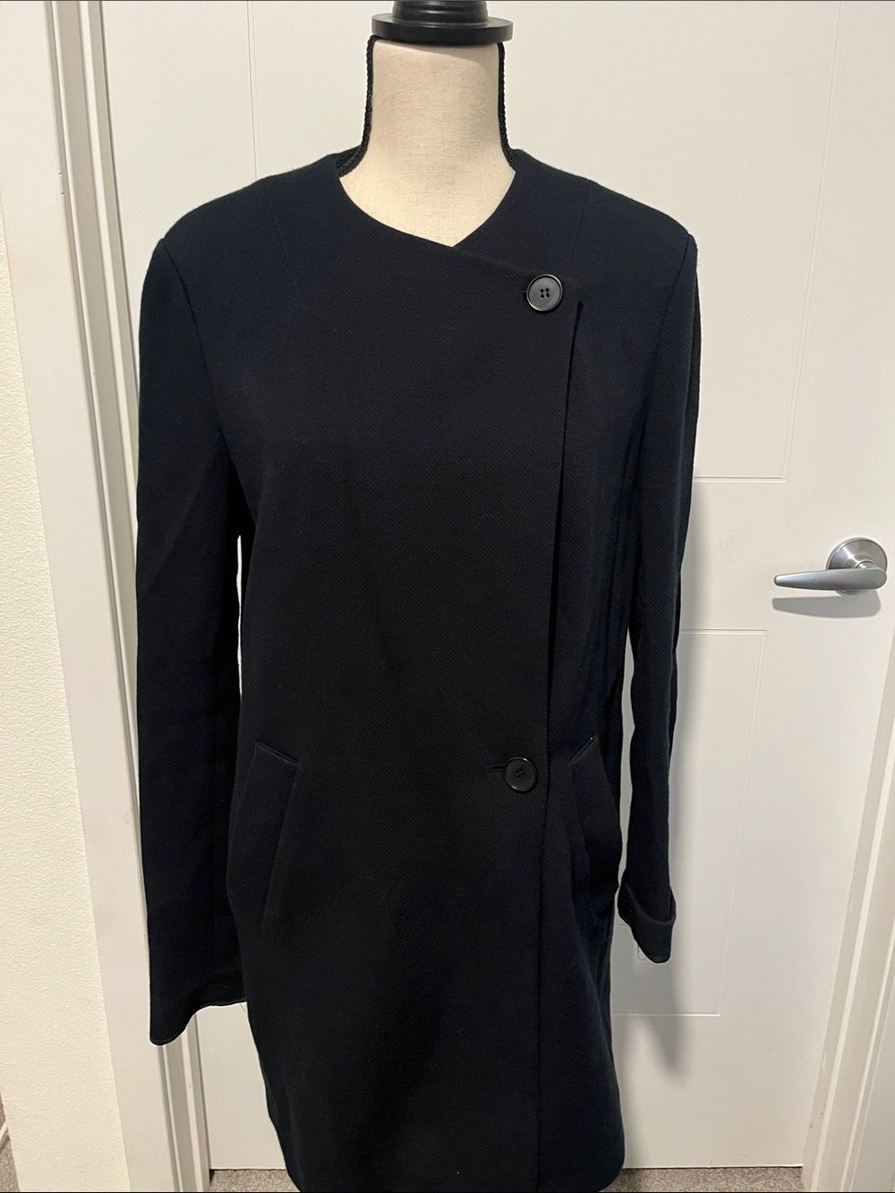 Theory Black Cotton Blend Button Closure Pockets Coat Quiet Luxury Minimalist